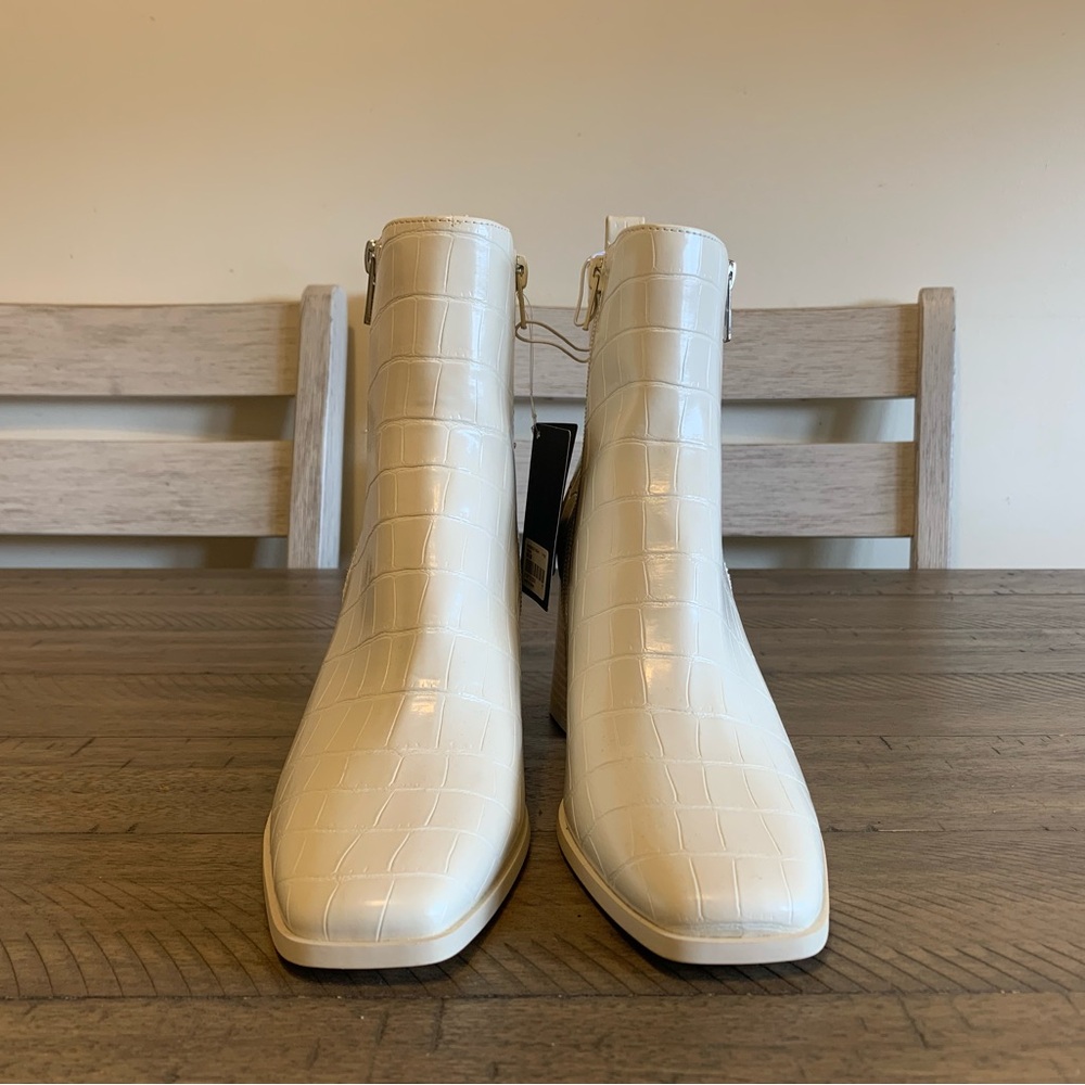 Forever 21 Cream Croc-Embossed Square Toe Ankle Boots